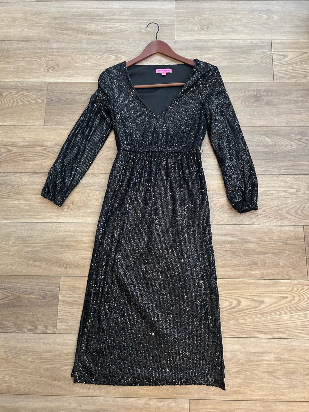 Betsey Johnson Black Sequin Long Sleeve Midi Dress XS Evening Party Cocktail